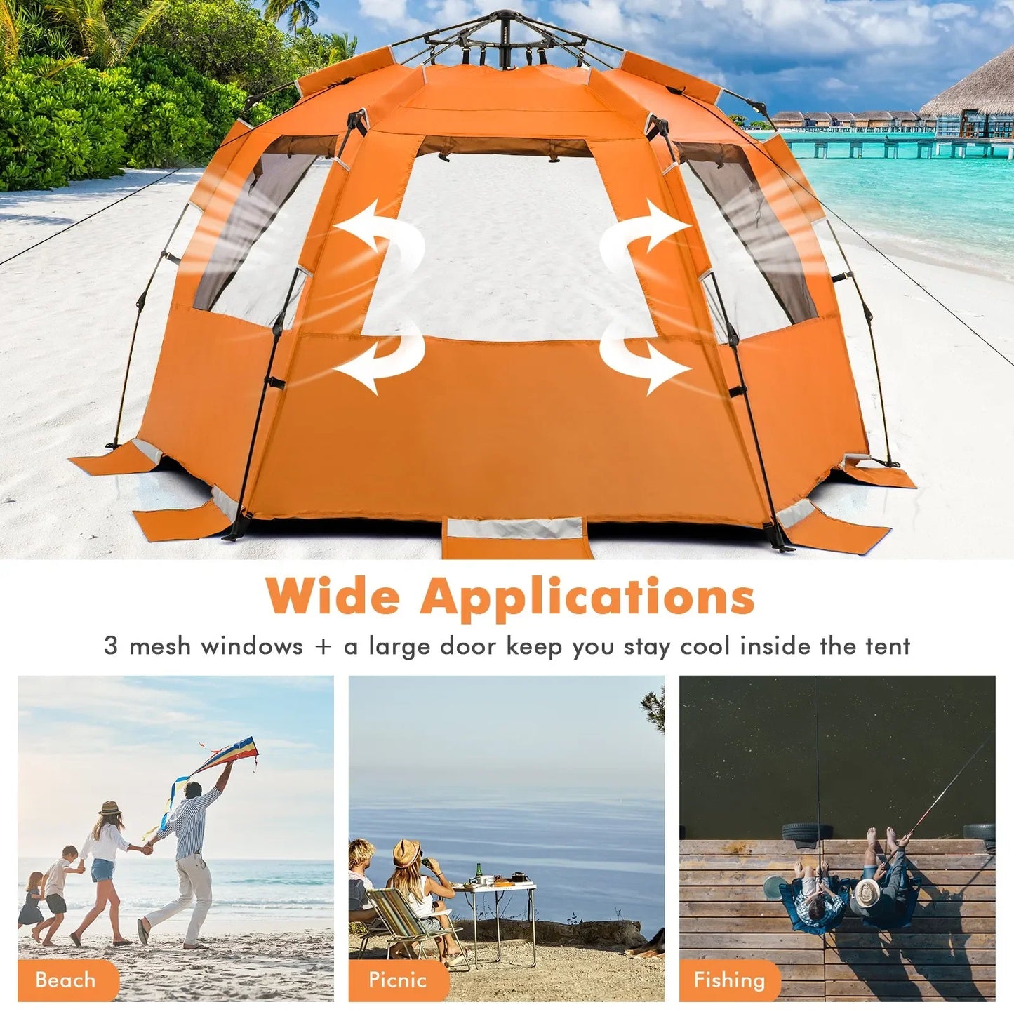 Instant Pop Up Beach Tent With Zippered Front Porch Windows