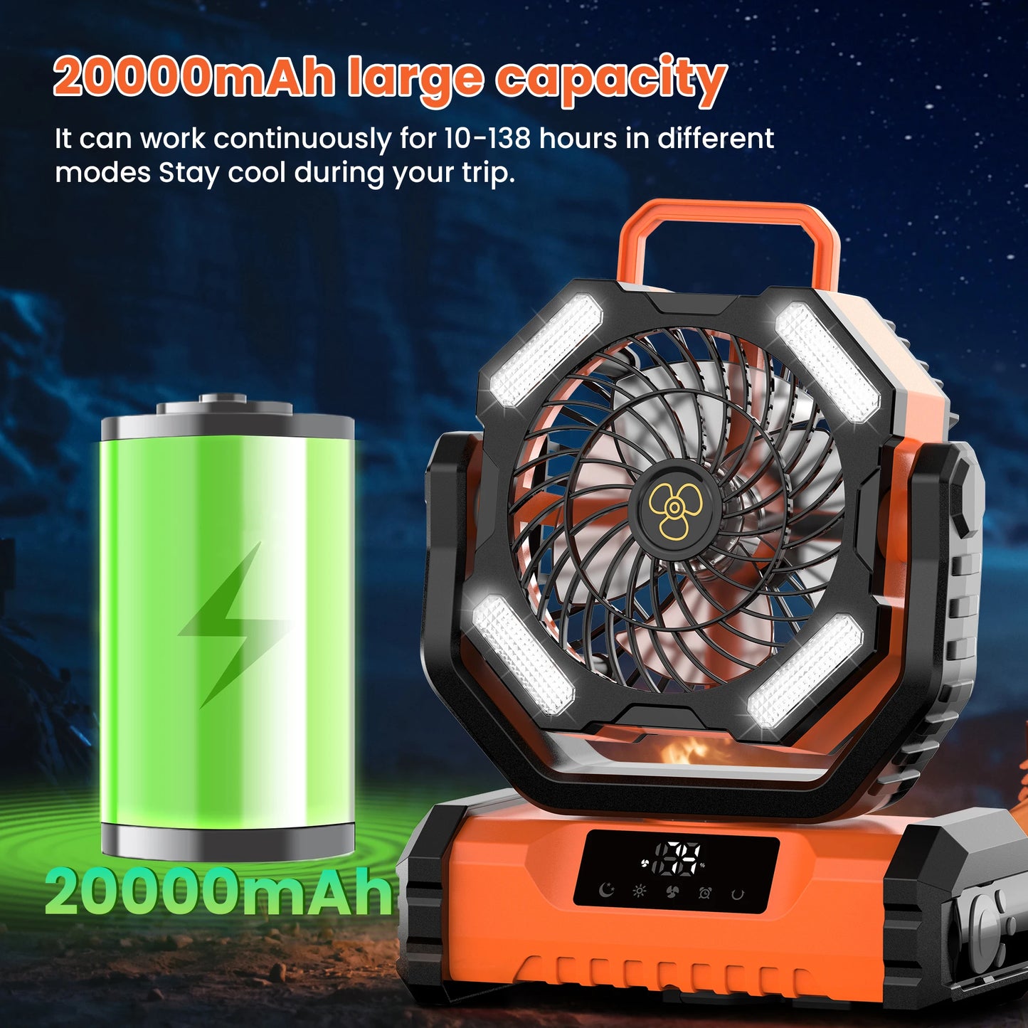 Portable 20000mAh LED Camping Fan With Touch Control