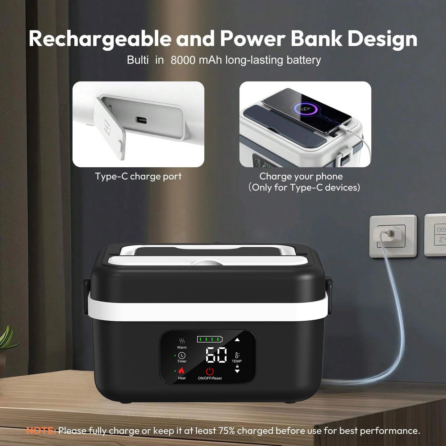 Wireless Insulated Lunch Box with 8000mAh Battery 60W Heater