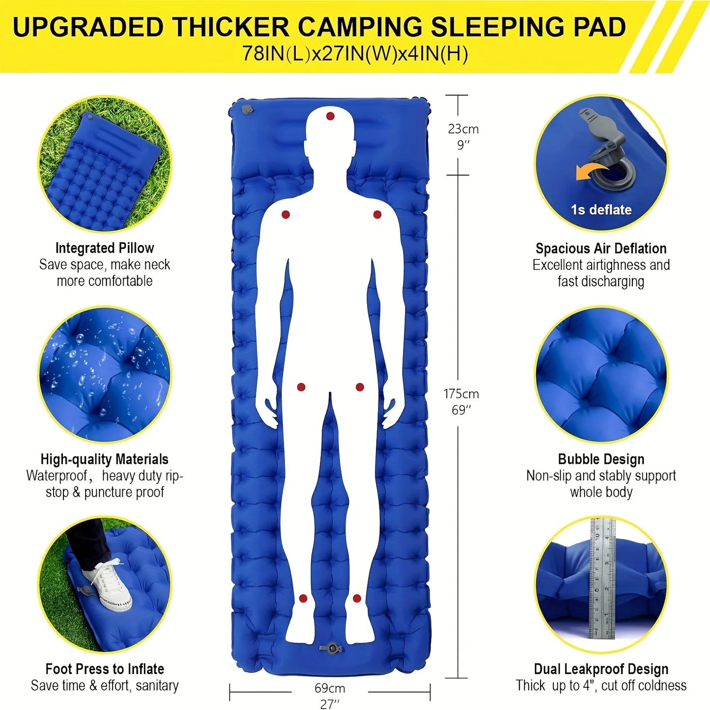Inflatable Camping Sleeping Pad Built-In Pump And Pillow