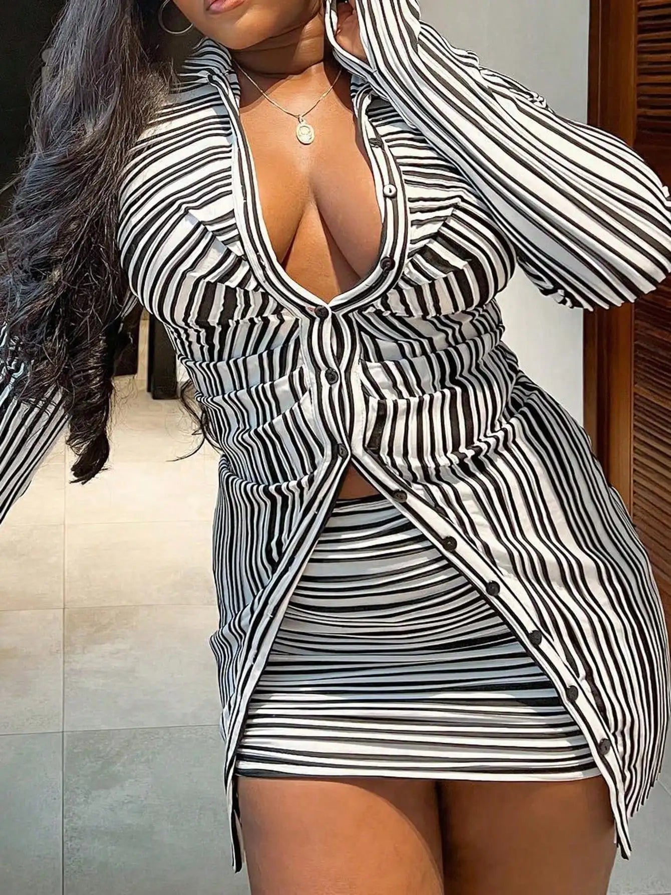 Womens Striped Two Piece Set With Button Down Shirt Skirt