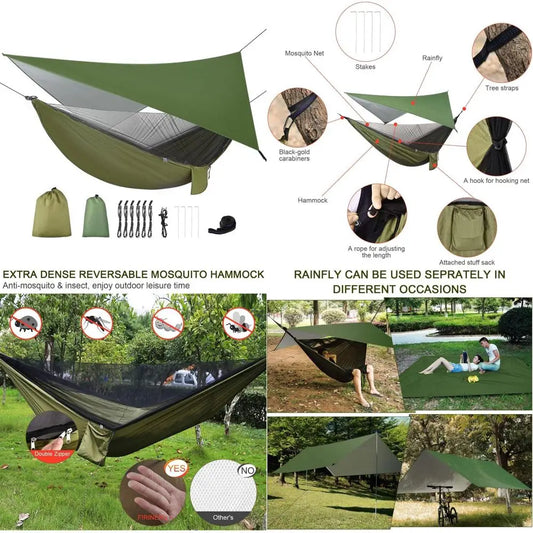 Camping Hammock With Rain Fly Tarp Mosquito Net And Straps