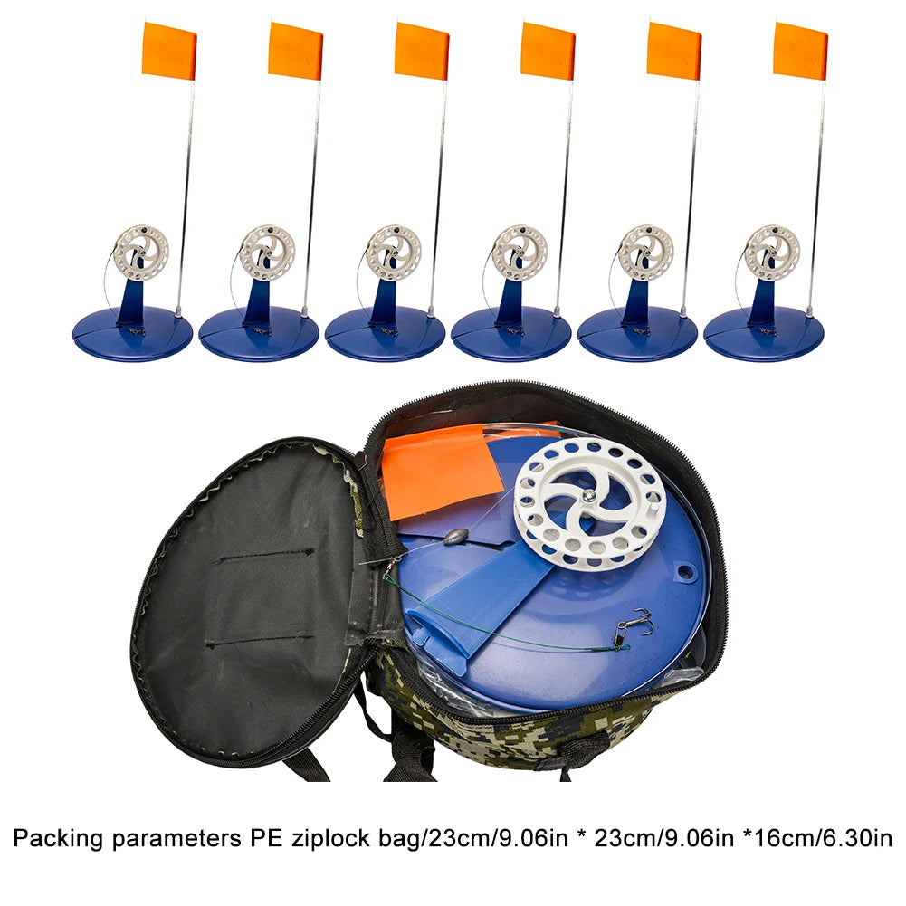 VKTECH 6 Piece Ice Fishing Tip Up Poles With Braking System And Carry Bag For Saltwater And Freshwater