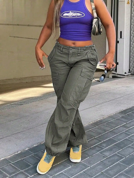 Womens Cargo Pants Mid Rise Loose Fit Wide Leg Y2K Streetwear For Outdoor Mountaineering