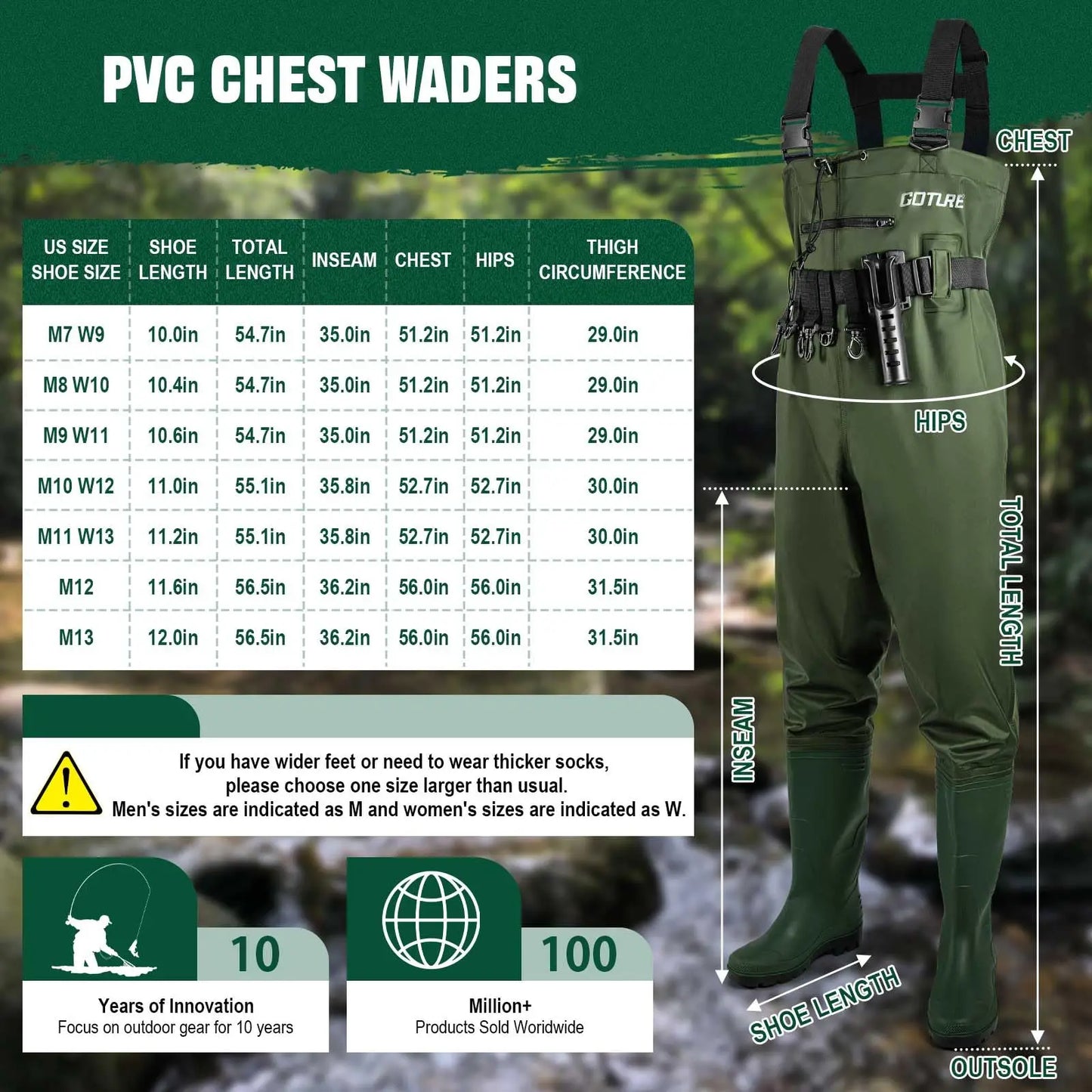 Goture Waterproof Bootfoot Chest Waders For Men And Women With Boot Hanger