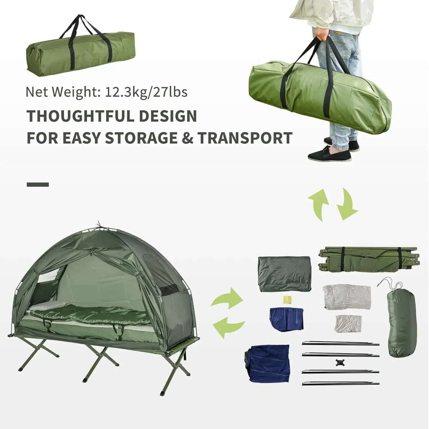 XMSJ Multifunctional Folding Camping Cot For Adults With Elevated Tent And Thick Air Mattress Pad