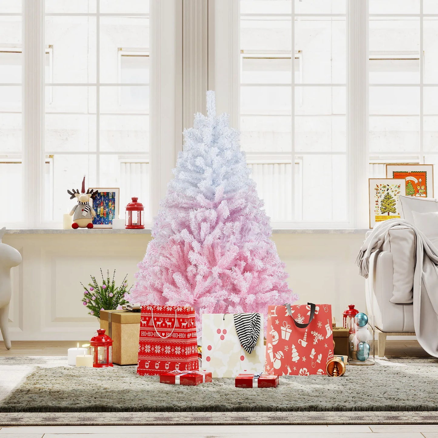 LIFEZEA Artificial Christmas Tree Hinged Flocked Indoor Holiday Decoration Lifelike