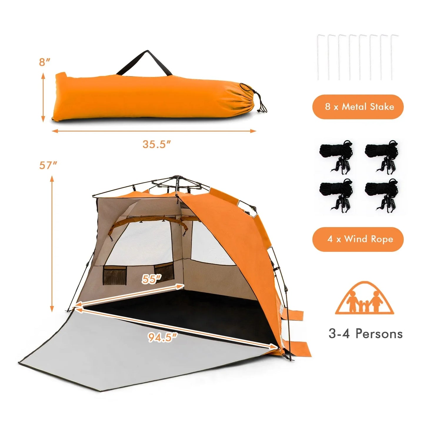 Instant Pop Up Beach Tent With Zippered Front Porch Windows