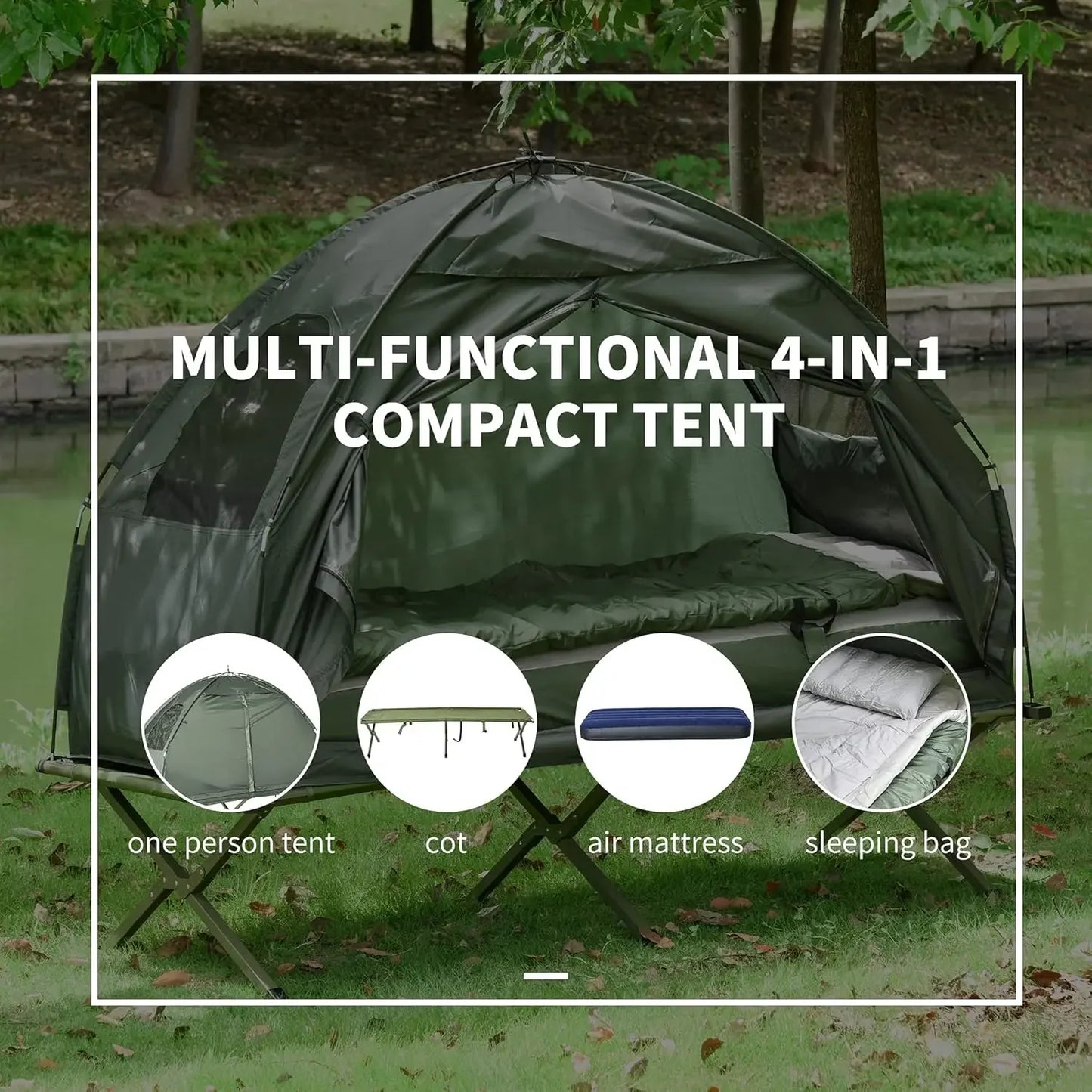 XMSJ Multifunctional Folding Camping Cot For Adults With Elevated Tent And Thick Air Mattress Pad