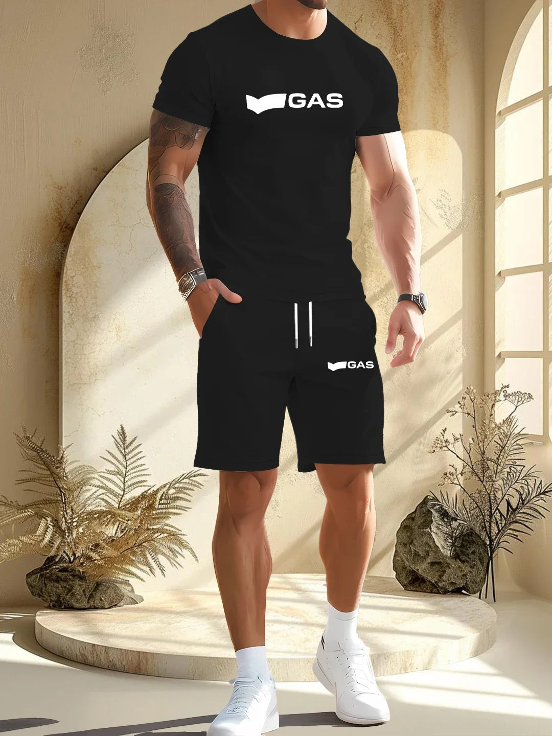 Summer Sports Mens Running Set Printed Top Shorts Jogging