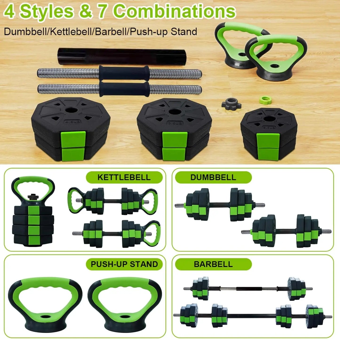 4 In 1 Adjustable Dumbbell Set Kettlebell Barbell Home Gym