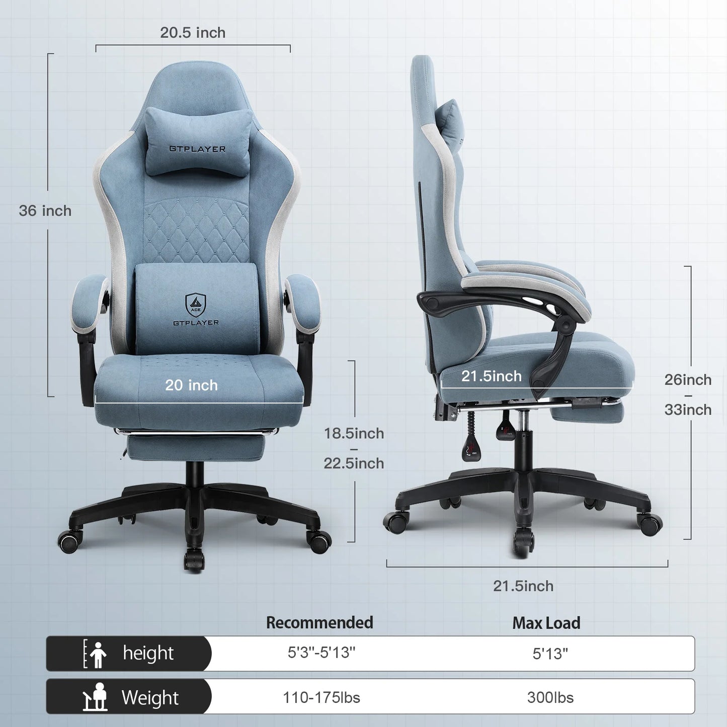 GTPLAYER Ergonomic Gaming Chair With Lumbar Support And Footrest
