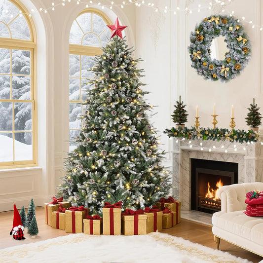 Prelit Snow Flocked Christmas Tree With EightMode LED Lights Cones