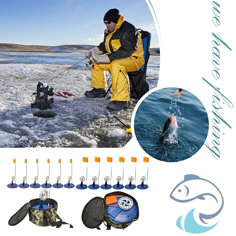 VKTECH 6 Piece Ice Fishing Tip Up Poles With Braking System And Carry Bag For Saltwater And Freshwater