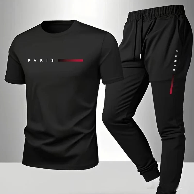 Paris Men's Two Piece Set Letter Print Summer Sports Fashion