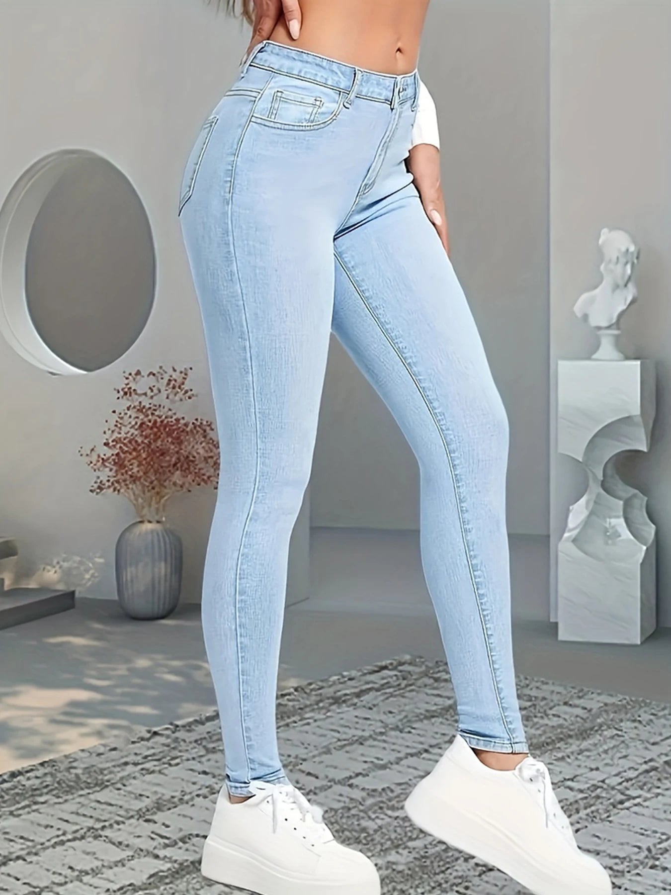 Womens High Waist Elastic Slim Fit Jeans With Slanted Pockets