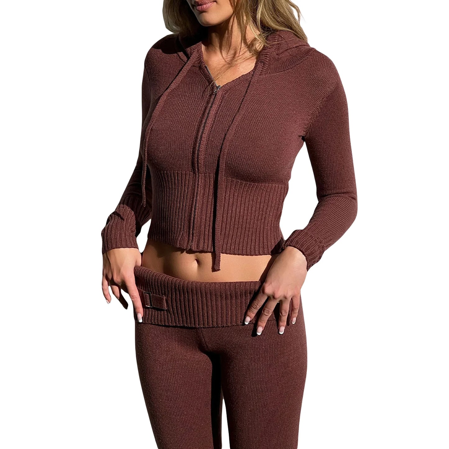 Hirigin Women Two Piece Hooded Knit Zipper Tracksuit