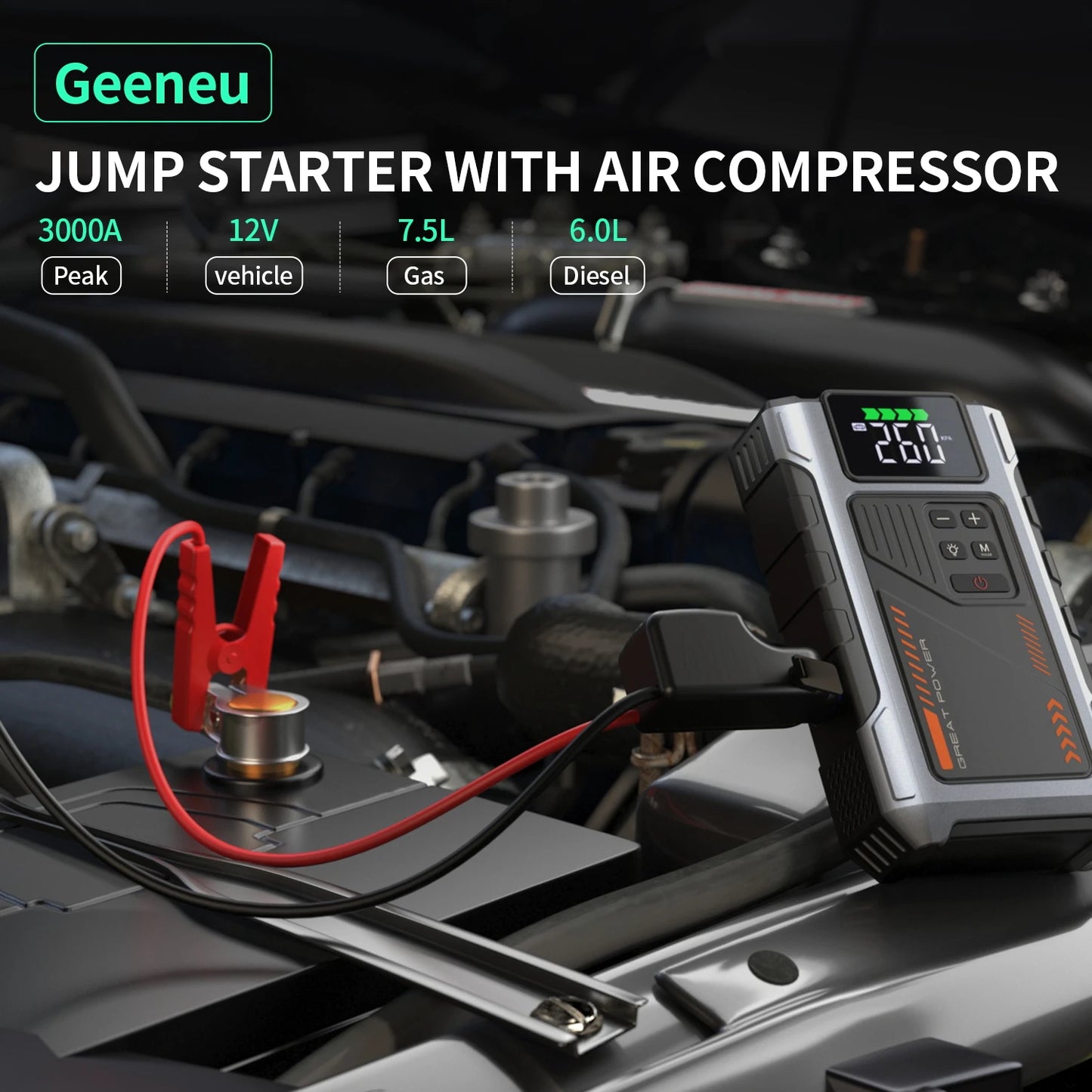 Portable Car Jump Starter With Air Compressor 3000A Peak 150 PSI Tire Inflator