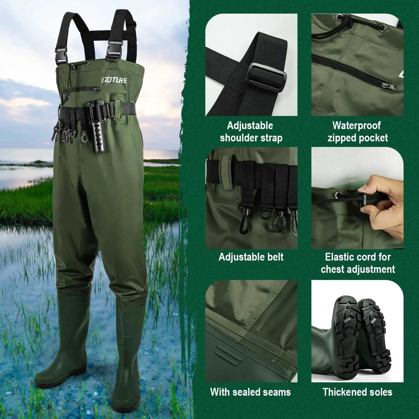 Goture Waterproof Bootfoot Chest Waders For Men And Women With Boot Hanger
