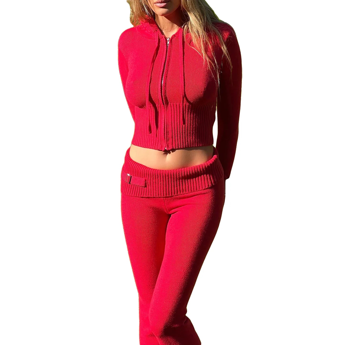Hirigin Women Two Piece Hooded Knit Zipper Tracksuit