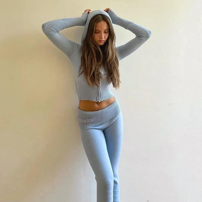 Hirigin Women Two Piece Hooded Knit Zipper Tracksuit