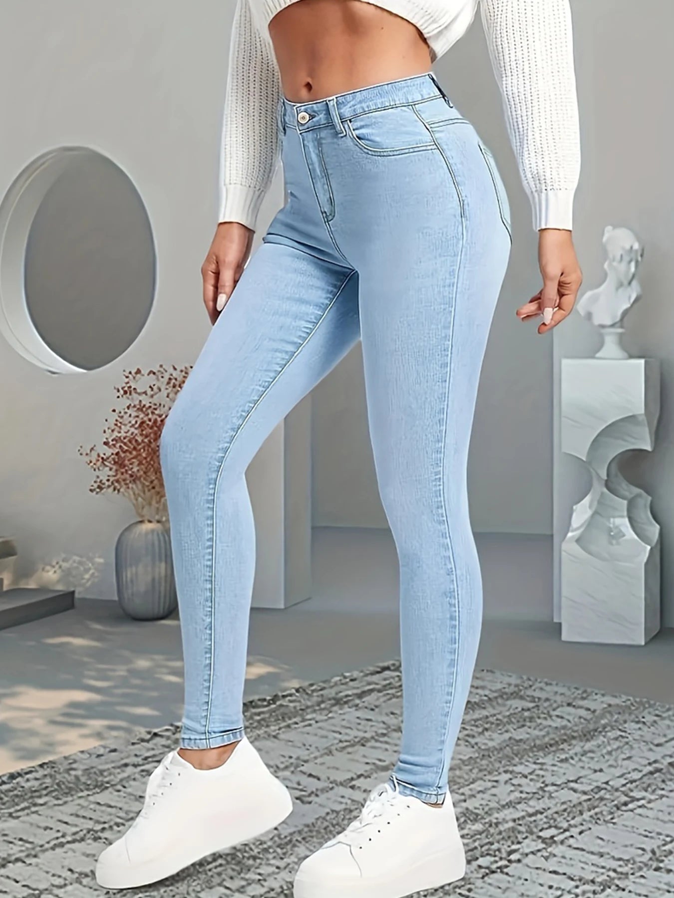 Womens High Waist Elastic Slim Fit Jeans With Slanted Pockets