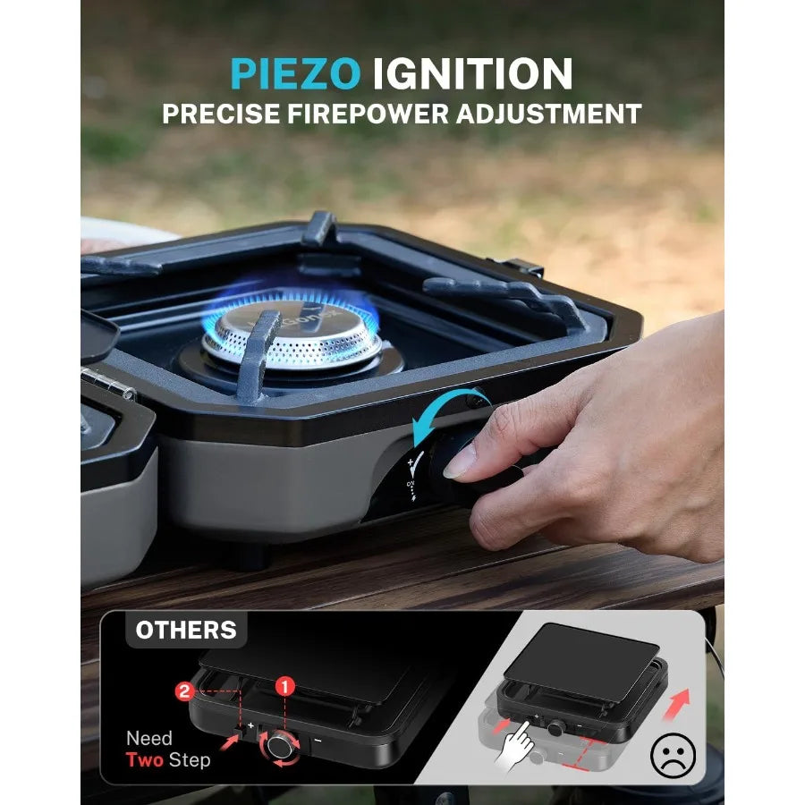 2 Burner Propane Camping Stove with Griddle Grates Portable Foldable Cooking Stove with Total 16 000 BTU Two Piezo Ignition Adj