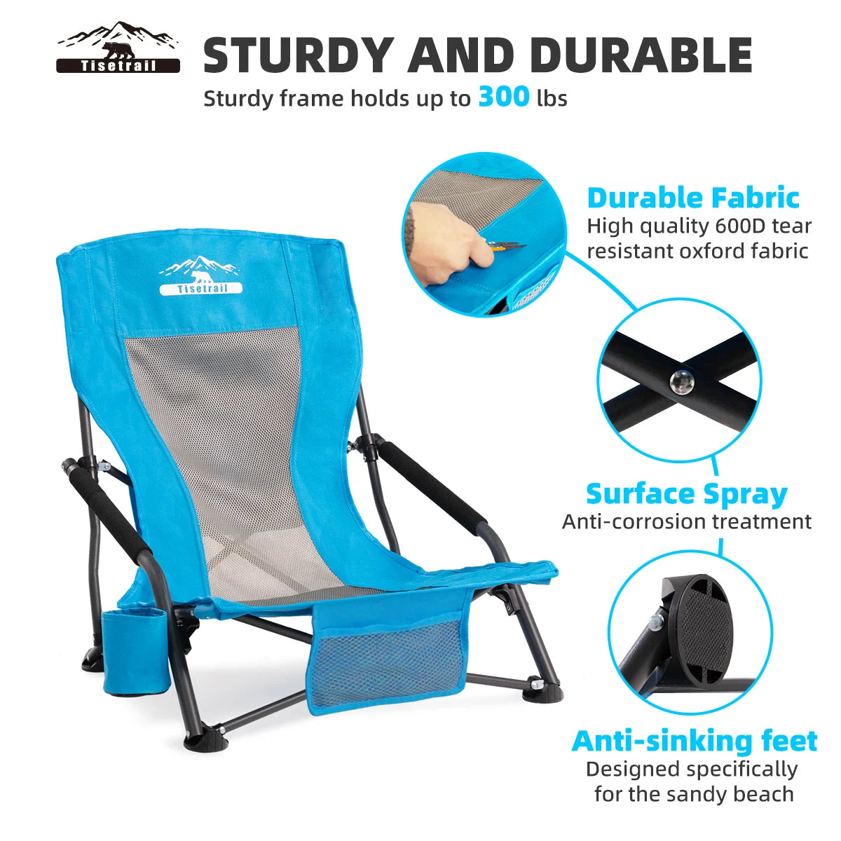 Tisetrail Folding Portable Beach Chair For Adults With Cup Holder