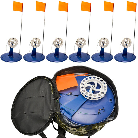 VKTECH 6 Piece Ice Fishing Tip Up Poles With Braking System And Carry Bag For Saltwater And Freshwater