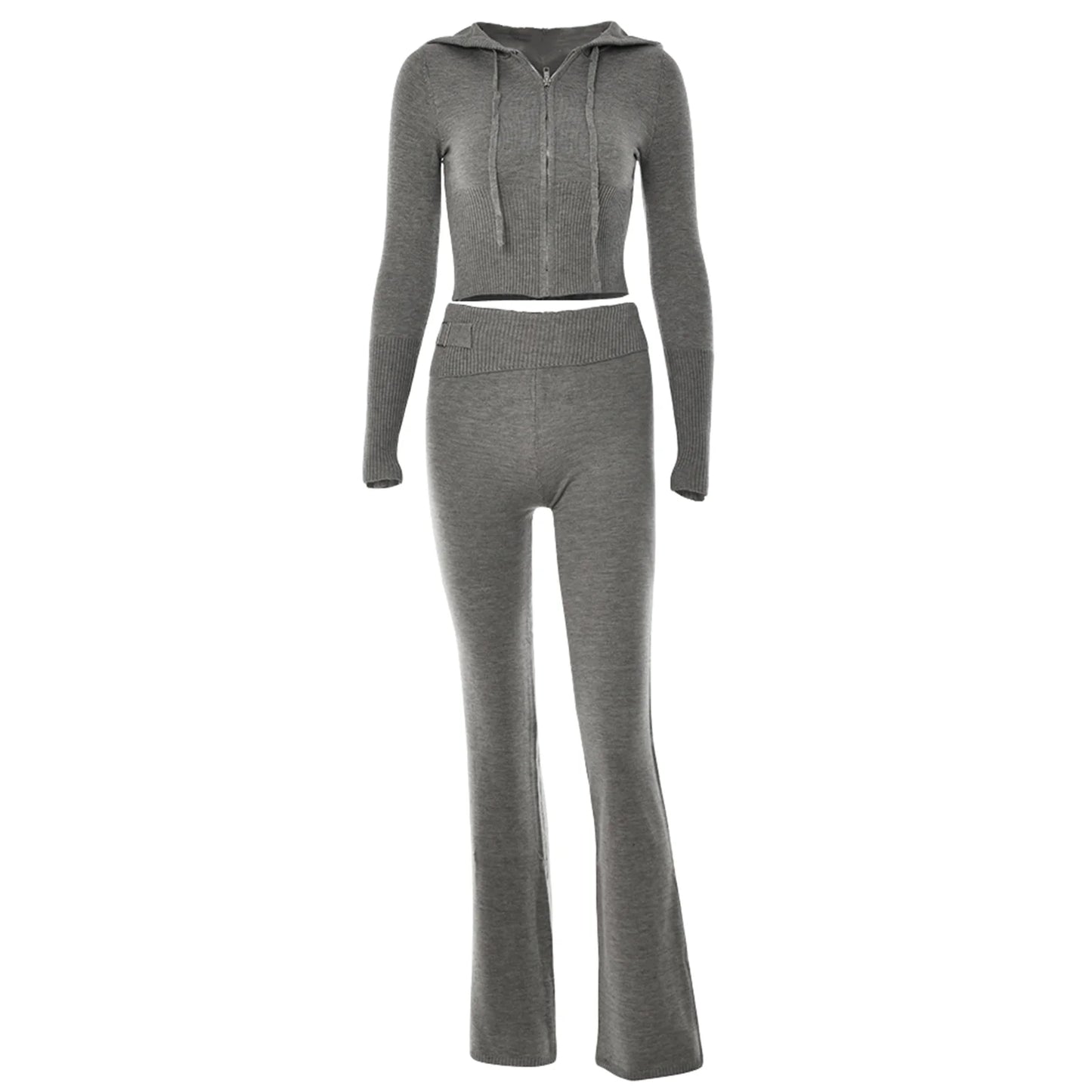 Hirigin Women Two Piece Hooded Knit Zipper Tracksuit