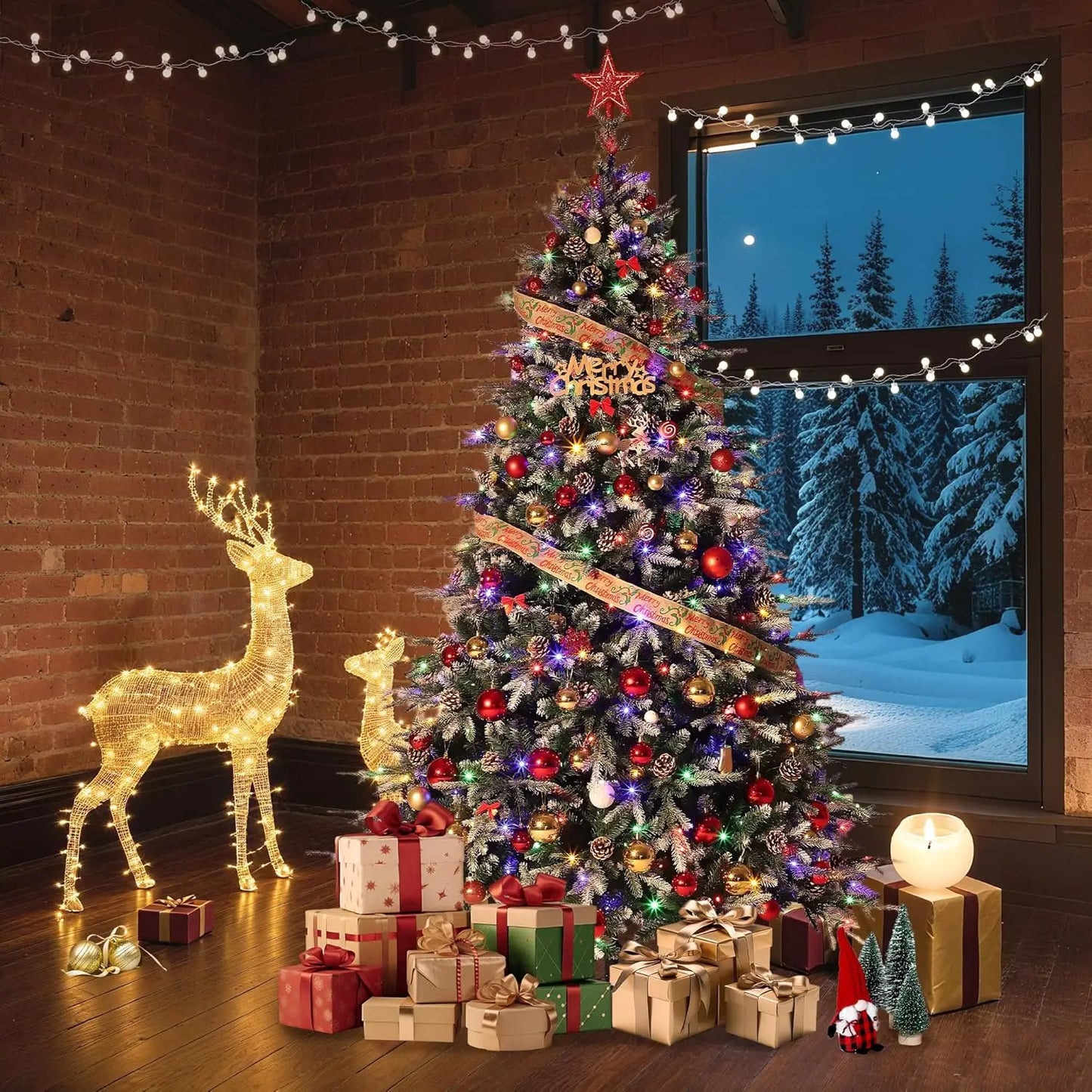 Prelit Snow Flocked Christmas Tree With EightMode LED Lights Cones