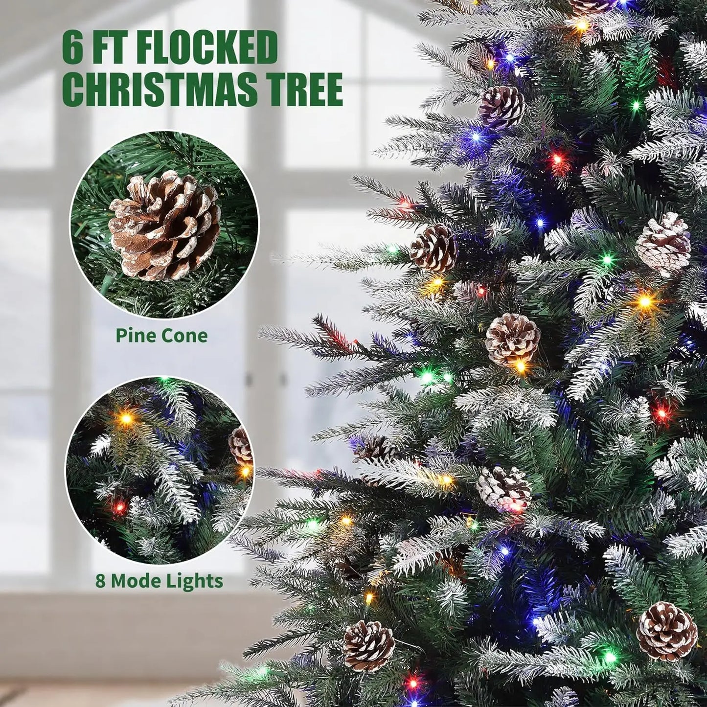 Prelit Snow Flocked Christmas Tree With EightMode LED Lights Cones