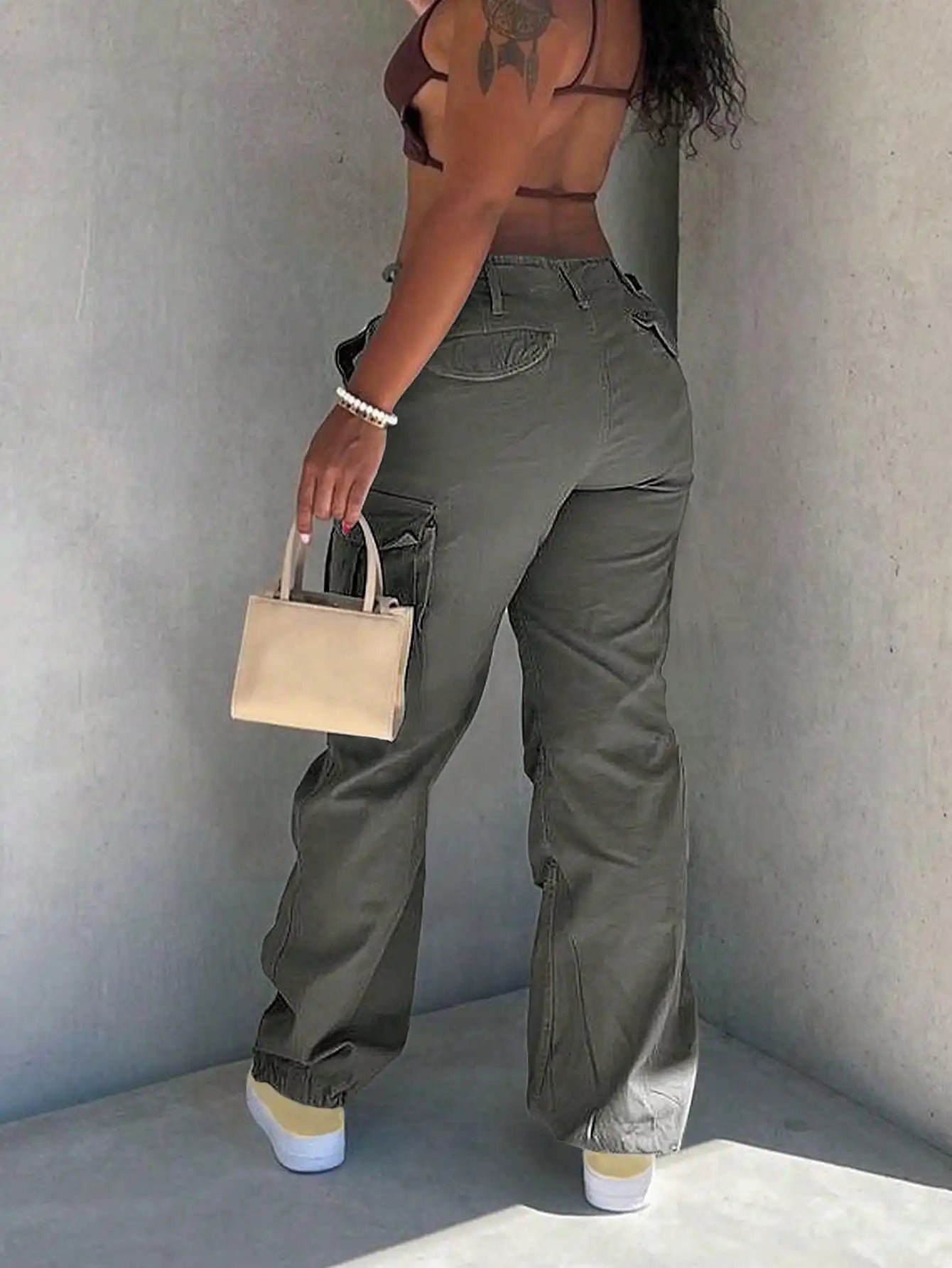 Womens Cargo Pants Mid Rise Loose Fit Wide Leg Y2K Streetwear For Outdoor Mountaineering