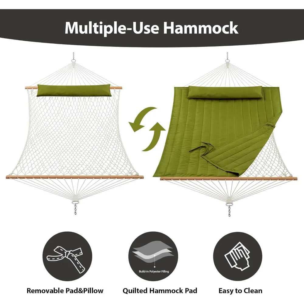 Outdoor Double Hammock With Hardwood Spreader Bars Durable
