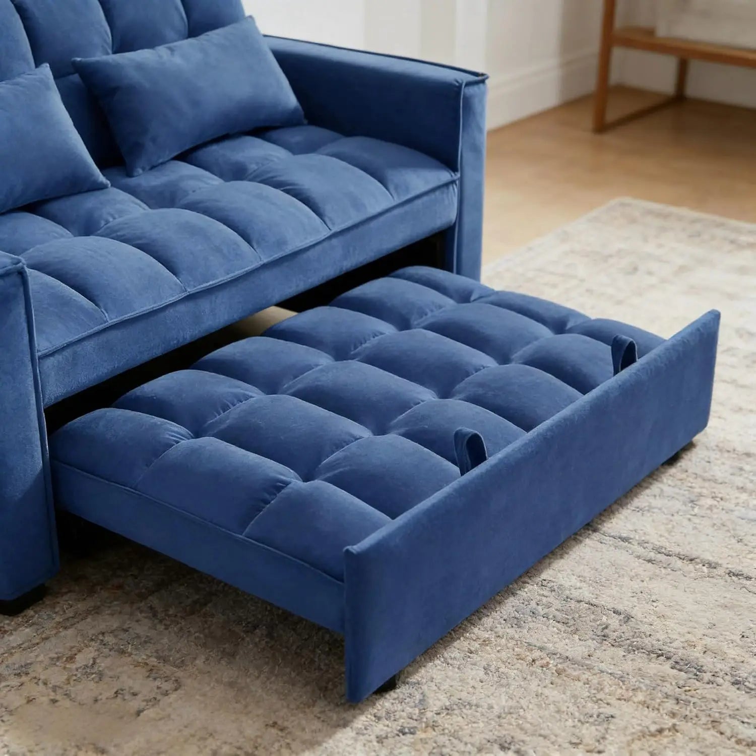 ZHUXIANG velvet convertible sleeper sofa with side pocket, blue tufted cushions, pull-out bed.