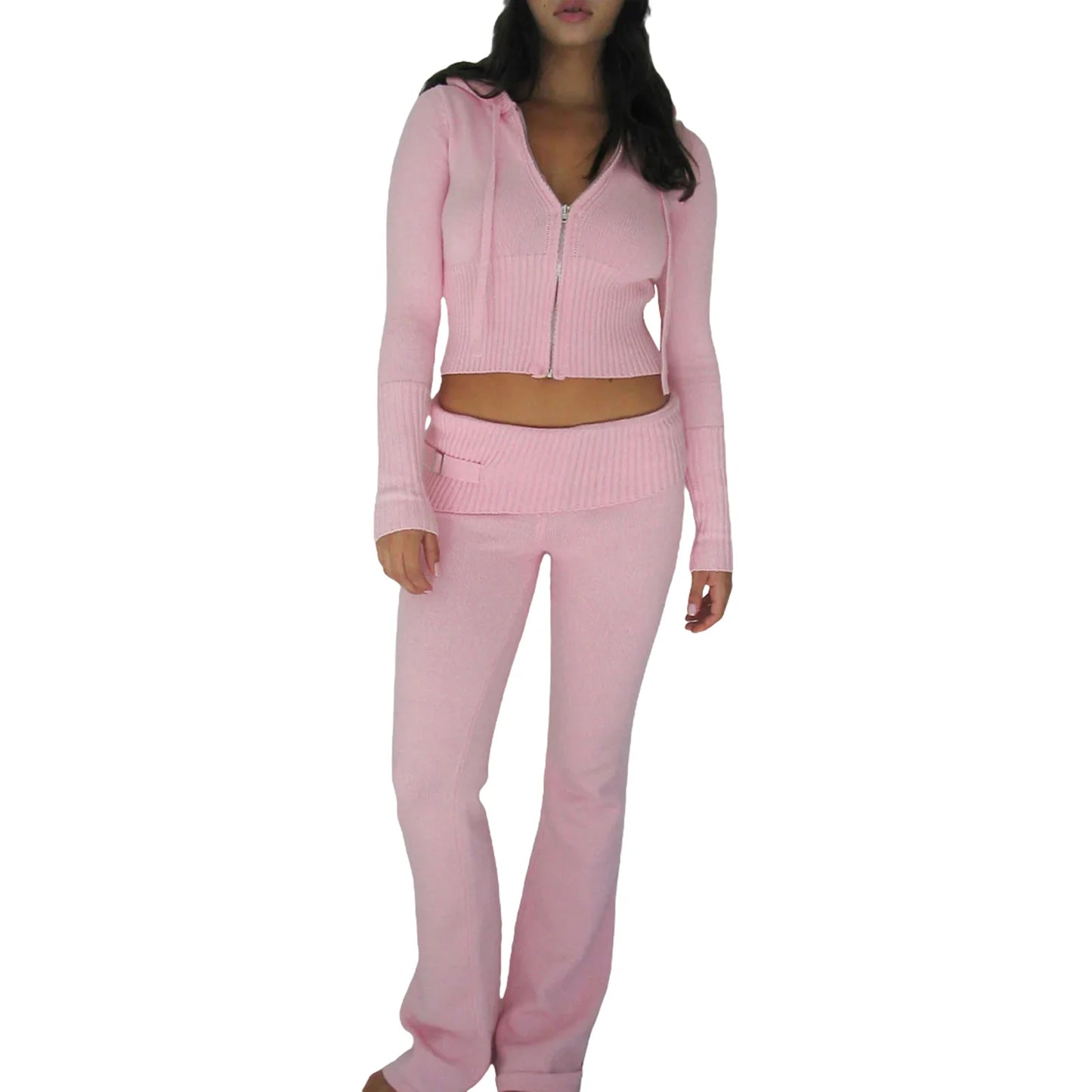 Hirigin Women Two Piece Hooded Knit Zipper Tracksuit