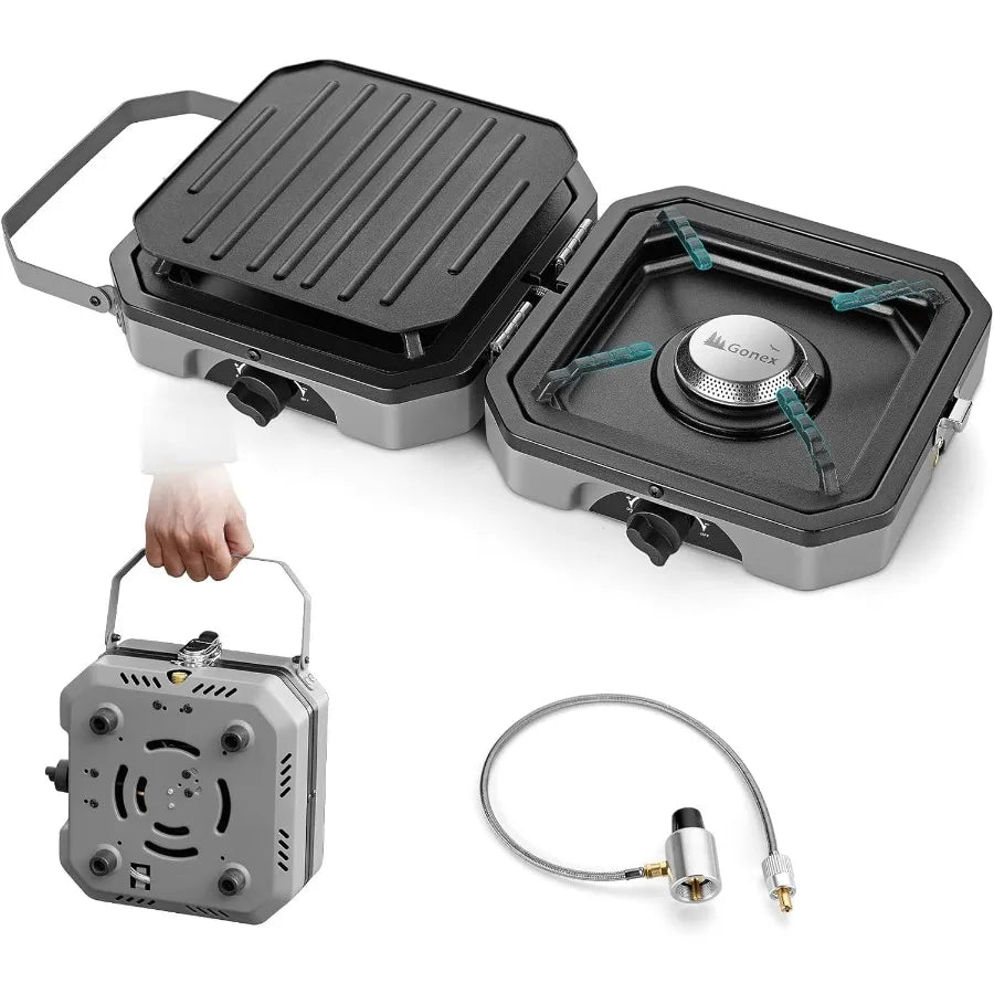 2 Burner Propane Camping Stove with Griddle Grates Portable Foldable Cooking Stove with Total 16 000 BTU Two Piezo Ignition Adj