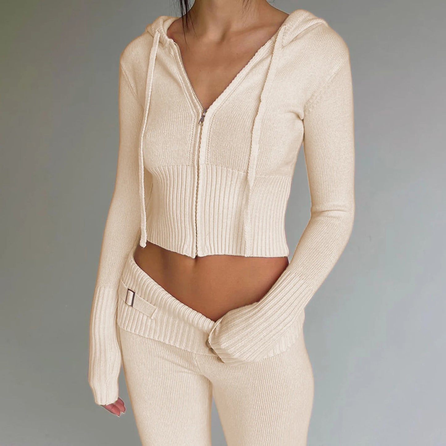 Hirigin Women Two Piece Hooded Knit Zipper Tracksuit