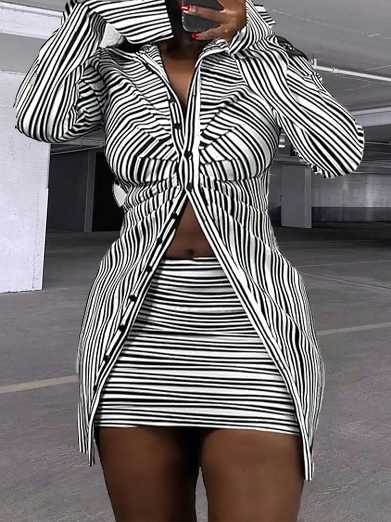 Womens Striped Two Piece Set With Button Down Shirt Skirt