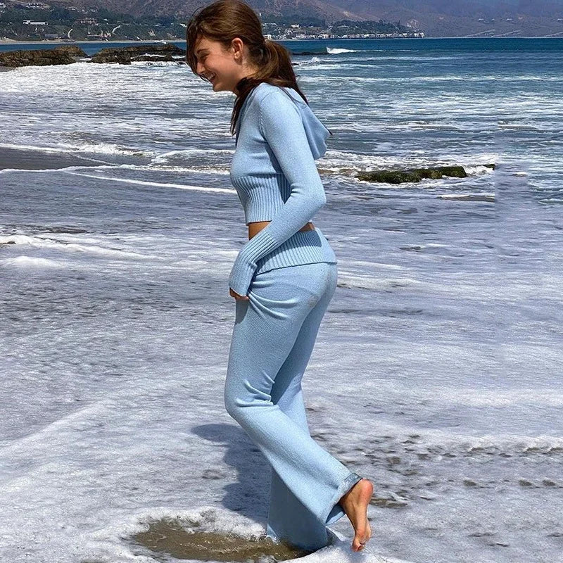 Hirigin Women Two Piece Hooded Knit Zipper Tracksuit