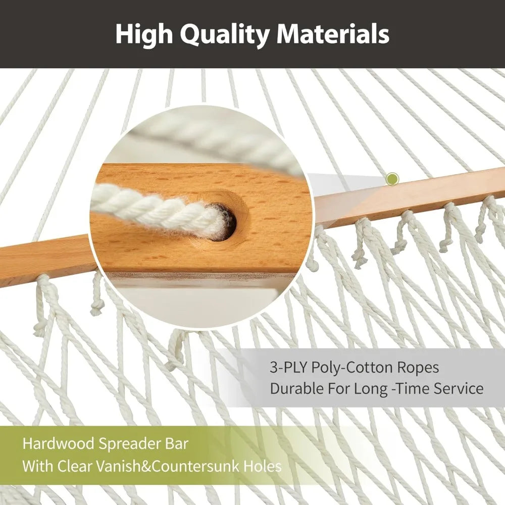 Outdoor Double Hammock With Hardwood Spreader Bars Durable
