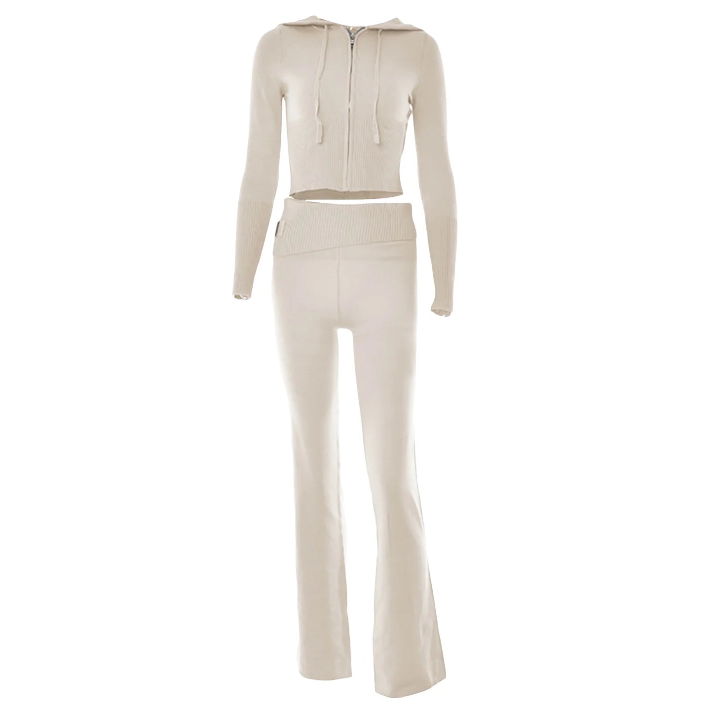 Hirigin Women Two Piece Hooded Knit Zipper Tracksuit