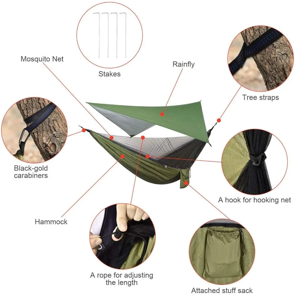Camping Hammock With Rain Fly Tarp Mosquito Net And Straps