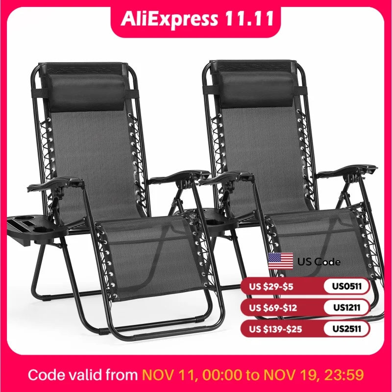 JHK Zero Gravity Set Of 2 Portable Recliner Lounge Chairs