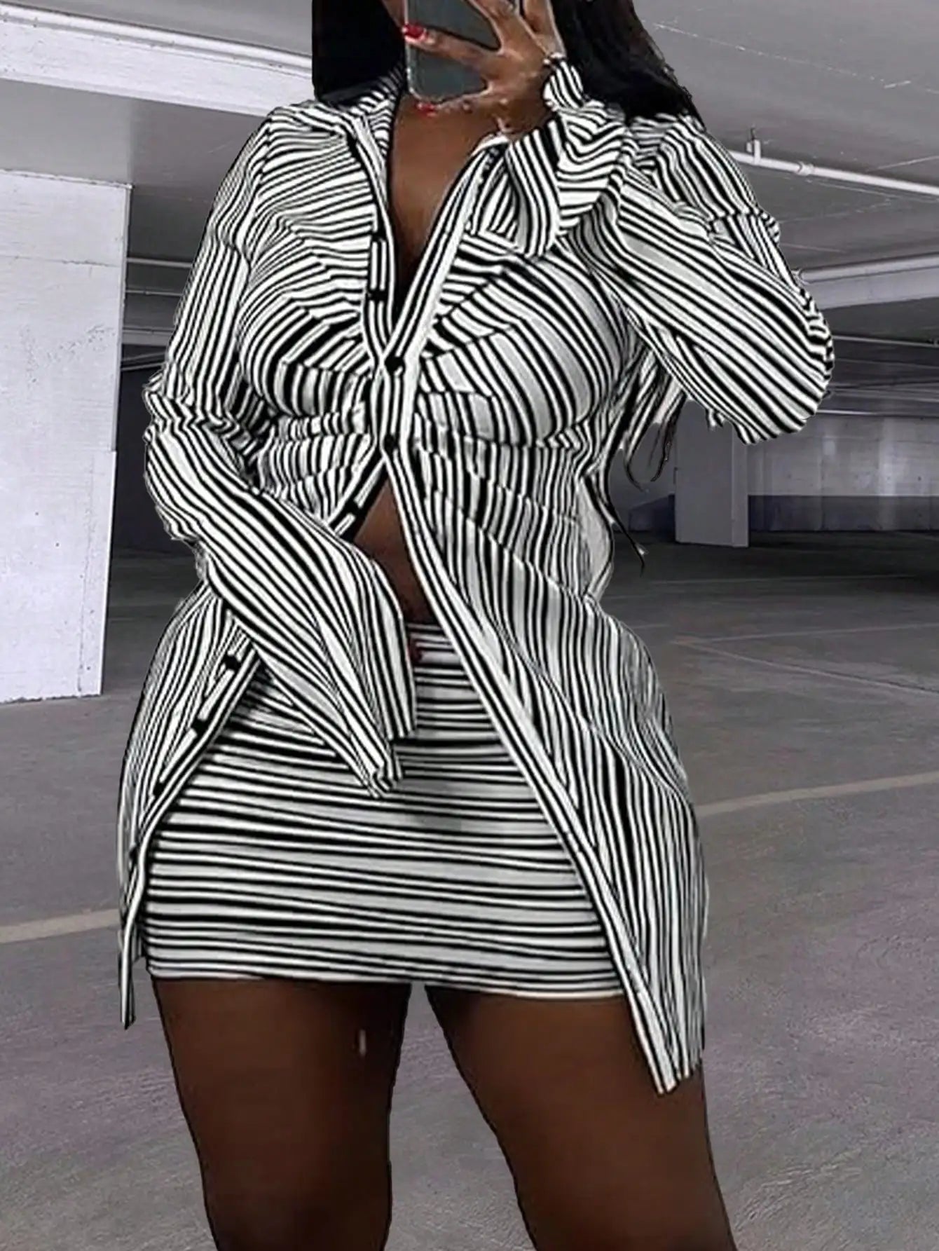 Womens Striped Two Piece Set With Button Down Shirt Skirt