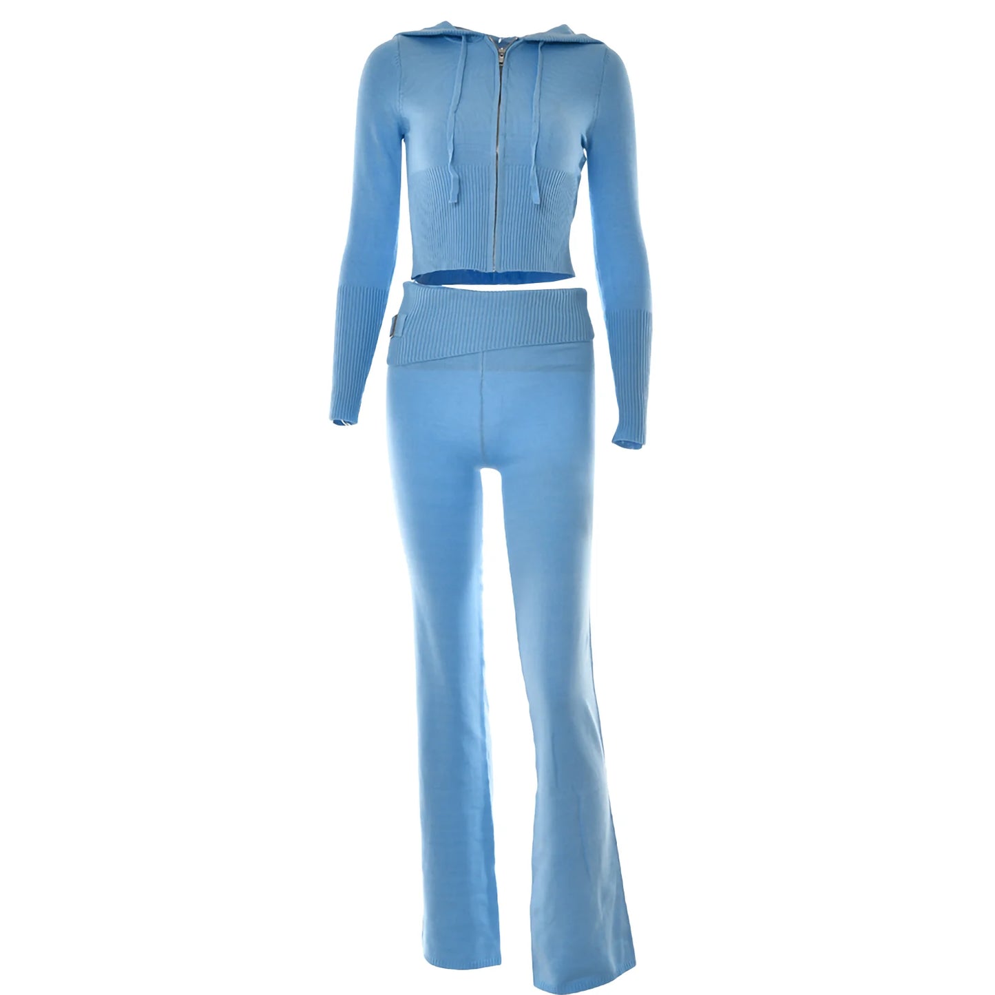 Hirigin Women Two Piece Hooded Knit Zipper Tracksuit