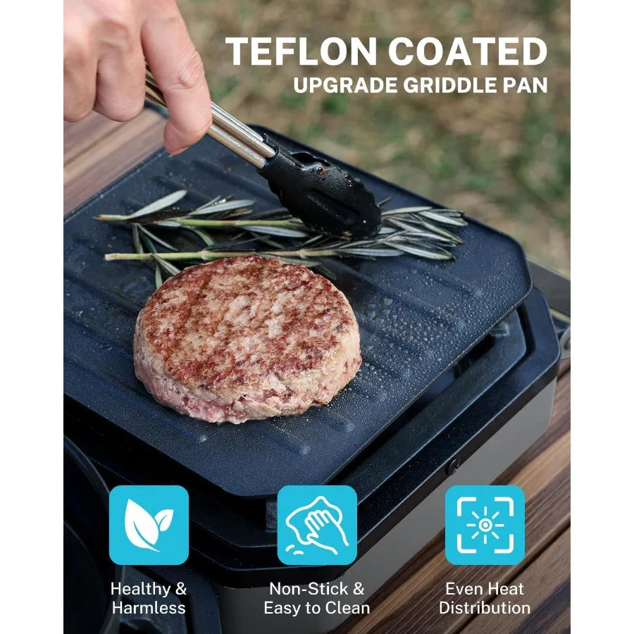 2 Burner Propane Camping Stove with Griddle Grates Portable Foldable Cooking Stove with Total 16 000 BTU Two Piezo Ignition Adj