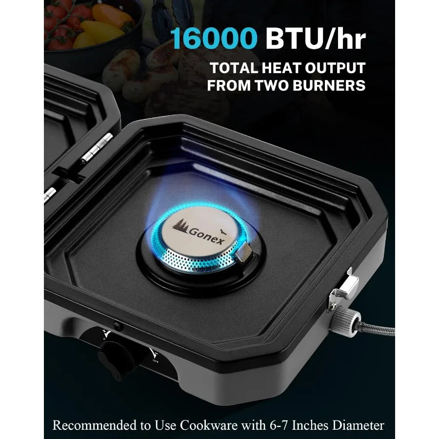 2 Burner Propane Camping Stove with Griddle Grates Portable Foldable Cooking Stove with Total 16 000 BTU Two Piezo Ignition Adj