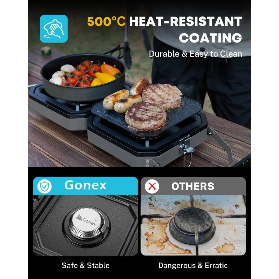 2 Burner Propane Camping Stove with Griddle Grates Portable Foldable Cooking Stove with Total 16 000 BTU Two Piezo Ignition Adj