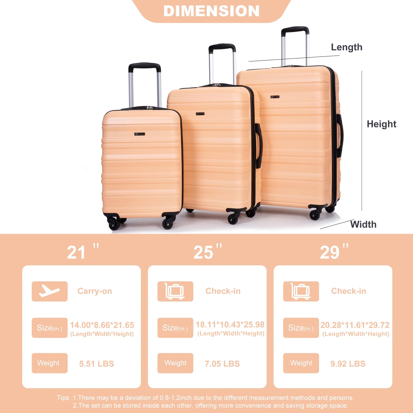 3 Piece Luggage Sets,PC Hardside Suitcase with Expandable,Spinner Wheels, TSA Lock,Carry on Luggage Set